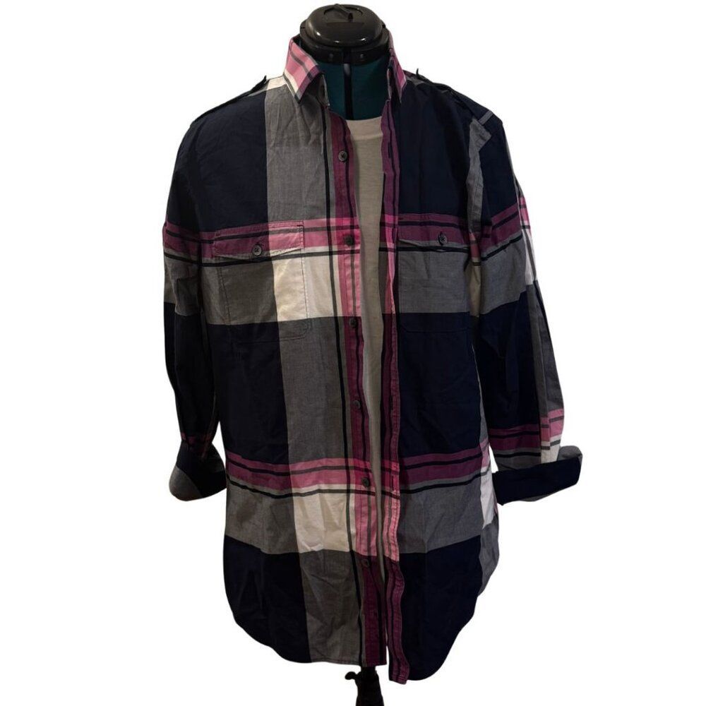 Express Button‑Up Plaid Dress Shirt - Navy White Pink, Large (L)